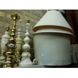 Five table lamps and shades including a large brass, three onyx and a pottery table lamp. [G26] TO