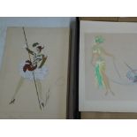 Two costume designs by Erte in pencil, gouache and metallic paint, both signed in ink, one of an