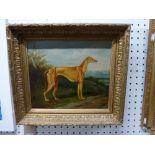 A champion greyhound standing in a landscape, oils on canvas (25 x 30 cm), gilt frame TO BID ON THIS