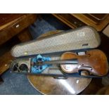 A cased 19th century two-back violin, no label, back 36 cm TO BID ON THIS LOT AND FOR VIEWING