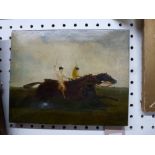 A small oil on canvas, a steeplechase with two jockeys urging their mounts onwards, bearing
