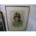 William Drury, a pastel portrait of a girl in a green dress, her fair hair cut in pageboy style,