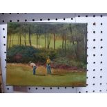 A small oils on canvas of two golfers on the edge of the green (20 x 25 cm), unframed TO BID ON THIS