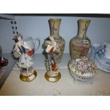 A pair of opaline glass vases decorated with flowers, a pair of Capodimonte figurines of a boy and