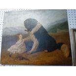 A sentimental depiction of a Newfoundland dog with a small girl in a landscape, oil on canvas (54