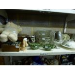 A mixed lot including a wooden writing box and jewellery box, a small quantity of glassware, a