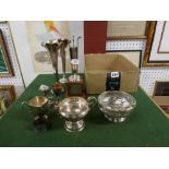 English silver, comprising a pair of vases with loaded base, three trophy cups, a pierced bowl,