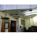 A pair of bowl-shaped ceiling lights, and a single example, all in Art Deco-style leaded glass,