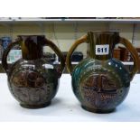 Two Linthorpe pottery moon flasks, shape 337, designed by Christopher Dresser, each with different