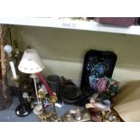 A mixed lot including a pair of mahogany barleytwist table lamps, a brass open work table lamp and