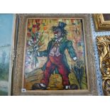 Aizpiri, an oils on canvas of a clown holding a bouquet of flowers, signed (61 x 48 cm), parcel-gilt