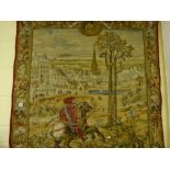 A tapestry wall hanging depicting an early 16th century German nobleman riding home from a battle,