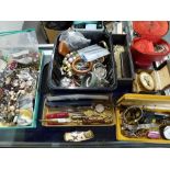 Five containers of costume jewellery, a pocket watch and other watches, modern beads, Swiss army