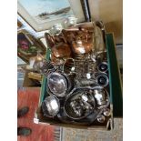 A carton of silver-plated items and other metalware, including two copper kettles, toast racks, a