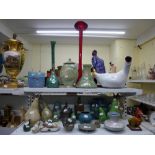 Selected studio ceramics by Brian Seifert, 28 items on two shelves, including vases, bottles, models