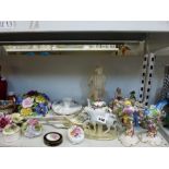 A mixed china lot including a pair of Naples figurines of birds, two lace figurines of ballerinas