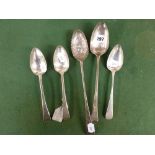 Five silver spoons, comprising a basting spoon with unusual original inscription: To Thomas Lucas