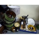 A mixed lot including a table lamp and shade, three beaded light shades, two sets of vintage grocers