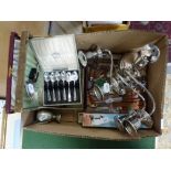 A small carton containing a silver-plated five-light candelabrum (for repair), also sundry