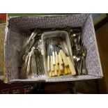 A carton of EPNS cutlery, including a quantity in 'Olympic' pattern, also knives, fish servers,