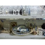 A shelf and a half of mixed items including commemorative mugs, 19th century lustre ware teapot,