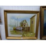 Three 20th century oils on board, comprising two flower studies and a small fishing harbour, all