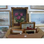An interesting selection of oils of still lifes of flowers, prints and photographs, and including