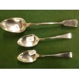 A Victorian silver Fiddle pattern basting spoon, unengraved, London 1848,and two George III