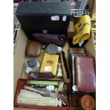 A mixed lot in a carton to include a pair of Mirandd 10x50 binoculars, a boxed propelling pencil,