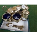 English silver, comprising a sauce boat, a pair of pepperettes, a pair of salts, a set of six coffee