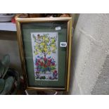 Pine framed embroidered picture of flowers and a jardinière on stand [under s82] TO BID ON THIS