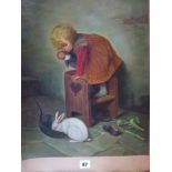 An oils on canvas of a child with a doll, standing on a chair and watching a white rabbit (46 x 36