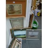 Four various framed watercolours including a landscape after Alfred East, 'Flamingoes' by Pam