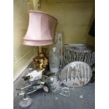 A pair of modern decorative ceiling lightshades, a pair of decorative cherub table lamps, decorative