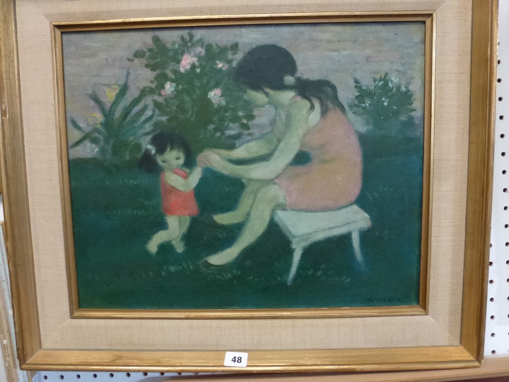 Werter, or Winter (?), oils on board, mother and child in a garden, indistinctly signed (41 x 51cm),