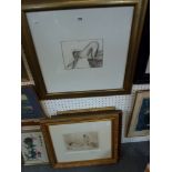 Three framed sanguine prints after old masters, and a 20th century pencil drawing of a leaning