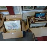 A selection of framed watercolours and prints, including two after Jill Walker, street scenes in