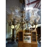 A five-branch brass electrolier with etched glass shades [room] TO BID ON THIS LOT AND FOR VIEWING