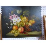 An oils on canvas in the Flemish style of fruit and flowers on a ledge (41 x 51 cm) TO BID ON THIS