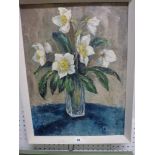 Dyen, a modern school oils on board still life of flowers in a square glass vase, signed; and