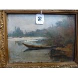 An oils sketch of a fowler's punt, possibly by C. Rigetout (?), circa 1930 (17 x 22 cm), carved gilt