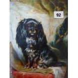 An oils on canvas, a King Charles spaniel seated on a chair with belt and glove (28 x 22 cm) TO