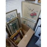 10 various framed items including Chinese silk embroideries, a batik, an oils on board of a blue