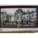 A 1950s oils on paper laid to board, en grisaille, a street in Paris (39 x 79 cm), framed TO BID