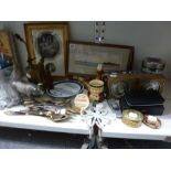 A mixed lot including a framed engraving Rosamund Clifforde, a pair of framed, signed watercolours