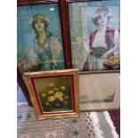 A pair of framed Continental textile prints, an oils on canvas still life of flowers, and a coloured