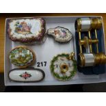 Antique and later Dresden and other porcelain boxes, a candlestick, a Halcyon Days music box and a