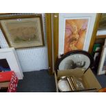 A mixed lot of framed watercolours, etchings and photographs, etc., including a pen and wash of a