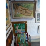 A group of five oil nude studies including a reclining nude by V. Penfold, signed, 'Dreams in the