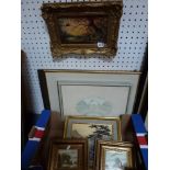 A collection of eight framed pictures, comprising prints and oil paintings and including C.W.